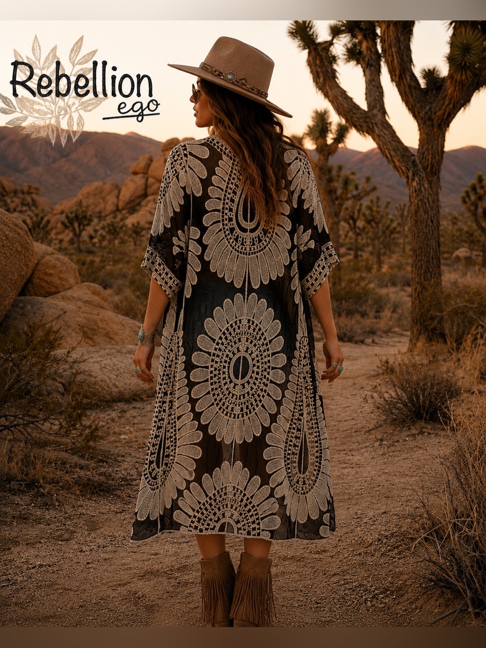 Rebellion Embroidered Mesh Kimono Cardigan Black Ivory Boho Festival Small